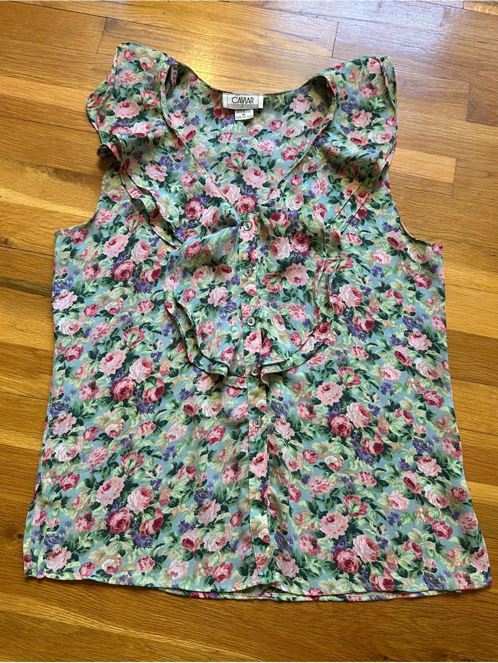 Caviar Floral Ruffle Sleeveless Blouse - Green with Pink‎ Roses